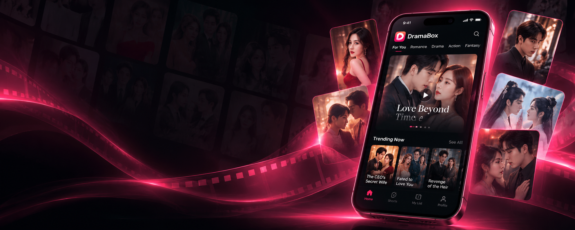 DramaBox app promo graphic showing the DramaBox streaming app on a smartphone